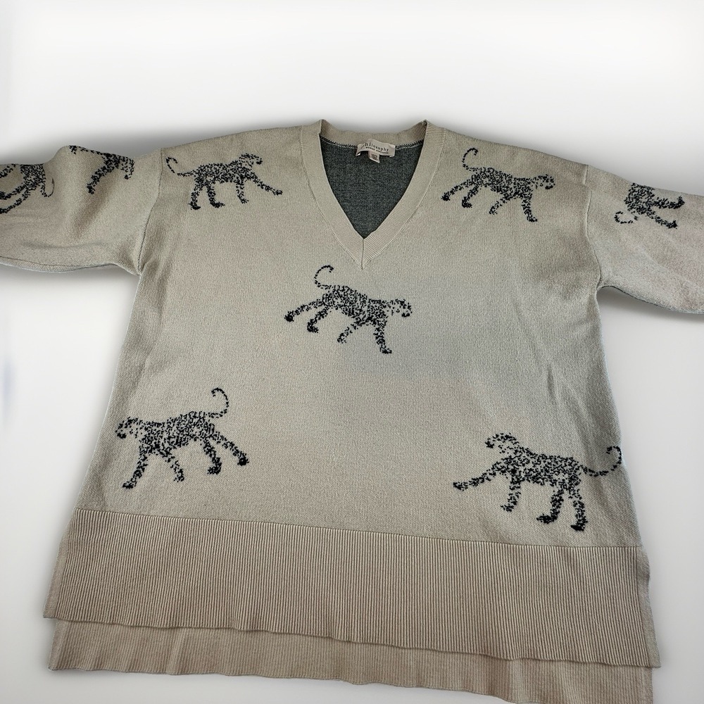 Philosophy Woman Sweater 1X Beige Black Leopard V Neck Tunic Oversized Animal - Picture 9 of 10